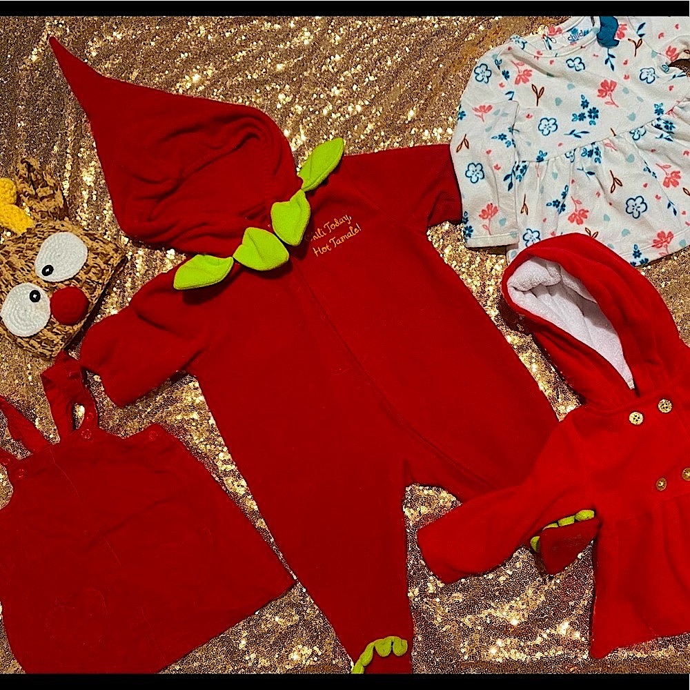 Sweater, hat ,onesie , overall dress ,shirt
